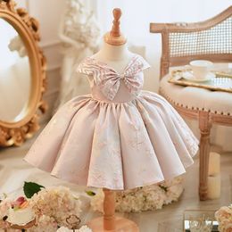 Kids Princess Dresses Sleeveless Pink Embroidery Tutu Formal Dress With Bow Children Performance Clothing Wedding Gown for Girls 240514
