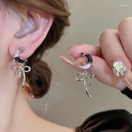 Dangle Earrings Minar Temperament Contrast Color Moon Bowknot Rhinestone Long For Women Silver Plated Metal Wholesale Jewelry