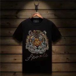 Men's T-Shirts New Cotton Summer Mens Short-sleeved T-shirt Thin Breathable Round Neck Hot Diamond Tiger Head Casual Graphic T-shirt J240515