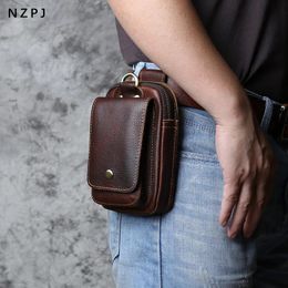 NZPJ Genuine Leather Mens Waist Bag Top Layer Cowhide Fashion Hook Bag Leisure Belt Bag Cigarette Box 6.5-inch Mobile Phone Bag 240513