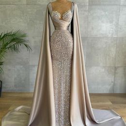 Arabic Glitter Sequined Evening Dresses with Cape Ruched Lace Sweetheart Prom Party Formal Women Gowns Custom Made 284f