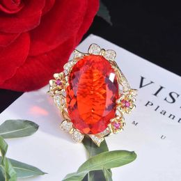 Wedding Rings Foydjew New Luxury 20*30mm Orange Big Stone Simulation Fanta Padparadscha Colour Gemstone Open Adjustable Ring For Women Q240514