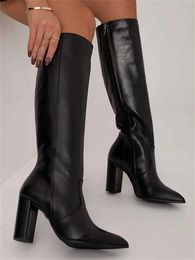 Boots Black Western Womens High Heels Knee Fashion Point Sole 2024 Winter Zipper Cowboy Botas Unprinted Good Product H240516