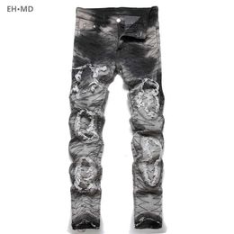 Men's Jeans EHMD Pocket Drill Line Embroidery Jeans Mens Four Seasons Style Reflective Premium Black High Strt Fashion Zipper Slim 2024 T240515