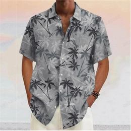 Men's Casual Shirts Summer Men Hawaiian Coconut Tree Lapel Camisas Fashion Short Sleeve Shirt Floral Blouse Turn Over Collar Clothes Male
