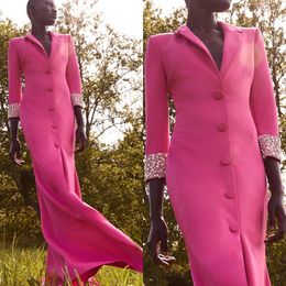 Hot Pink Women Long Jacket Crystal Beading Custom Made Slim Fit Long Sleeve Mother Of Bride Blazer Graduation Ceremony Attire Wear