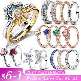 Wedding Rings Radiant Sun Moon Heart Pav Sign Ring New 925 Sterling Silver Hot Selling Collection Womens Anniversary Gift Diy Jewelry Q240514