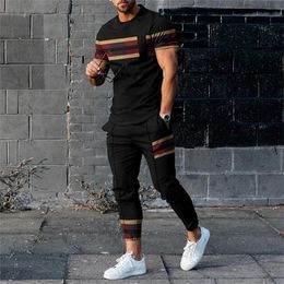 Summer Mens Tracksuit Set Trousers Outfits 2 Piece 3D Printed Short Sleeve T ShirtLong Pants Casual Street Trend Male Clothing 240426