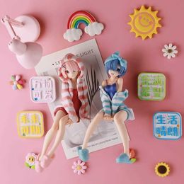 Action Toy Figures 15CM Pink girl and blue girl Anime Figure Loungewear Sitting Cute striped Pyjama girl Model Noodle Stopper PVC Doll Toys Y240516