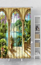 Shower Curtains European Floral Landscape Curtain Purple Flowers Arch Door Ocean Building Scenery Bath Bathroom Bathtub Decor9385448