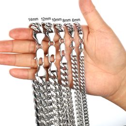 6mm-12mm Hip Hop Stainless Steel Cuban Link Chain Necklace Brcelet Silver Color Jewelry Set