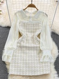 Korean fashion womens wool tweed dress autumn plain weave tweed patchwork chiffon long sleeved A-line elegant short skirt 240515