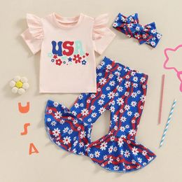 Clothing Sets Scloutarry 4th Of July Baby Girl Outfit Short Ruffle Sleeve Letter T Shirt Bell Bottom Pants Headband Set Clothes