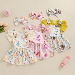 Clothing Sets Summer Infant Baby Girl Outfits Solid Colour Ribbed Knit Rompers Print Suspender Skirts Headband Clothes Set