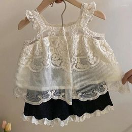 Clothing Sets Summer Sweet Set 2024 Little Girl Lace Tank Top Fashion Denim Shorts Kids Designable Clothes