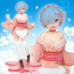 Action Toy Figures 23CM Anime Lovely girl with blue hair Figure Kawaii Sakura kimono Rem Ram Model PVC Toys Gift in a Colourful box Y240516