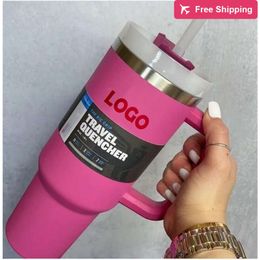 40oz Stainless Steel Tumblers Cups with Handle Lid and Straws Hot Pink Car Mugs Powder Coating Ou stanliness standliness stanleiness standleiness staneliness J32U