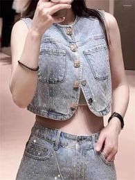 Women's Jackets Colourful Rhinestone Single-Breasted Sleeveless Short Vest Top Or High Waist A-Line Mini Skirt Ladies Denim Suit 2024