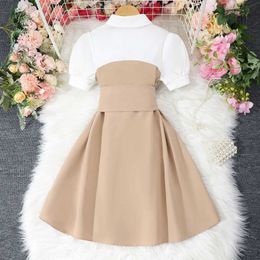 Girl's Dresses Color Splicing Midi Dress Teens Girl Clothes Short Sleeve 8 9 10 11 12 Years Old Summer Fashion Graceful Khaki Children Dresses