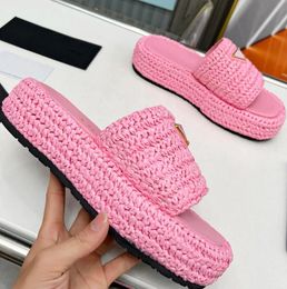 New Summer Designer Women Slippers Crochet Flatform Slides Pool Slip On Slippers Black Nude Blue Pink White Casual Sandals Shoes Lady Beach Walking Slipper Shoe Box