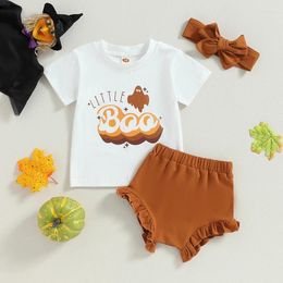 Clothing Sets Toddler Baby Girls 3Pcs Halloween Outfits Fashion Short Sleeve Ghost Letter Print T-shirt Ruffle Shorts Headband Clothes Set