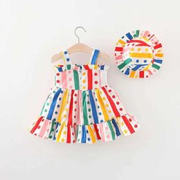 Girl's Dresses Summer New Girl Baby Sling Dress with Colourful Stripe Polka Dot Childrens Princess Dress Comes with Sun Visor Hat 0-3 Years Old