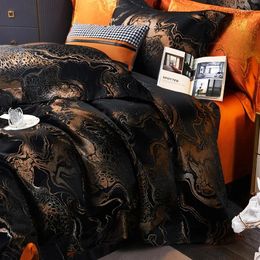 Bedding Sets High Precison Satin Set Luxury Golden Jacquard Bedclothes 4pcs Black Duvet/Quilt Cover Egyptian Cotton Bed Sheet