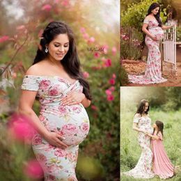 Maternity Dresses Floral Print Boho Maternity Dress Photography Props Flower Maternity Bohemian Dress For Photo Shoot Casual Wear Baby Shower Y240516