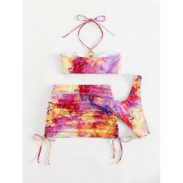 2024 New 3 Pieces Tie Dye Bandeau Bikini Set Two Piece Swimsuit Skirt Women Thong Swimwear Female Sexy Beach Wear Bathing Suit