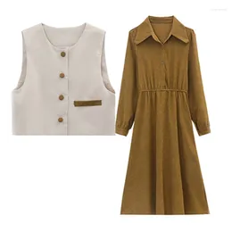Work Dresses Vest Long Sleeve Dress Set Women's Spring And Autumn Korean Style Fashionable Elegant Loose Two-Piece