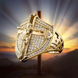 14K Gold Jesus Cross Shield Mens Ring Zircon Cool Motorcycle Party Punk Hip Hop Male Jewellery Anniversary Decoration