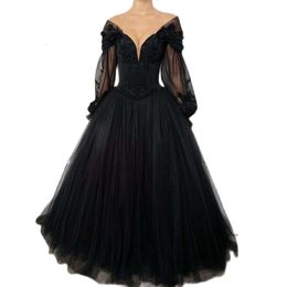 Black Gothic Prom Dresses V Neck Puffy Long Sleeve Evening Gowns Lace Appliques With Bead robes de soiree 0516