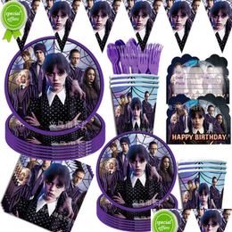 Party Decoration New Wednesday Addams Birthday Kids Shower Boys Girl Tableware Supplies Papper Plate Cup Napkin Balloon Cake Topper Dr Dh4Pc