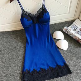 Casual Dresses Women's Sexy Lingerie Summer Silk Night Gown Lace Patchwork Mini Dress Spaghetti Strap Sleepwear Ladies With Chest Pad