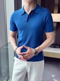 Men's Polos Polo Shirt Men Summer Knitted Ice Silk Mens Short Sleeve Youth Solid Color Business Casual Knitwear C85