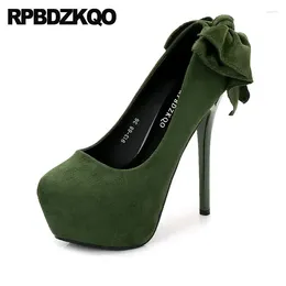 Dress Shoes Pumps Grey Ladies Suede 14cm Bow Green Platform Size 4 34 Stiletto High Heels Stripper 12cm 5 Inch 2024 Catwalk Fetish