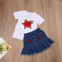 Clothing Sets 1-6years Children Girl Two-Piece Outfits Embroidery Flower Short Sleeve Top Elastic Waist Mini Skirts Girls Summer Casual