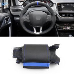 Steering Wheel Covers For 208 2008 2014 2024 Hand-stitched Perforated Leather Car Cover Blue Line Strip