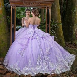 Lavender Shiny Quinceanera Dresses prom Lace Appliques Beading Tired Off the Shoulder Princess Ball Gown Custom Made for Sweet 16