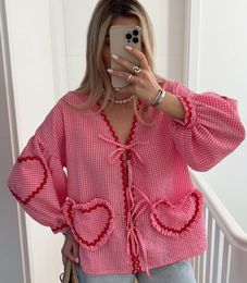 Women Loose Heart Pockets Shirts 2024 Fashion Ladies Casual V Neck Bow Buttons Blouses for Female Chic Tops 2405163