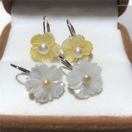 Dangle Earrings Hand Carved Real White Shell Pearl Flower Women Gift Fashion Jewelry 925 Sterling Silver