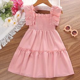 Girl's Dresses Summer Dress Kids Girls 4-7 Years Clothes Beach Dress Cute Lace Cuffs Square Collar Play Wrap Princess Skirt Pink Skirt