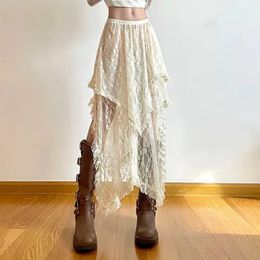 Lace Asymmetrical Skirt Fairycore Women Vintage Y2K Boho Aesthetic Fashion High Waist Mid Skirts Lady Holiday Outfits 240516
