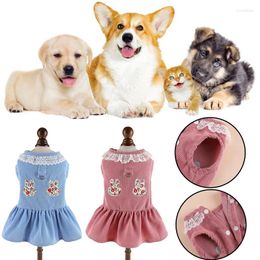 Dog Apparel Summer Dress Cute Print Cat Teddy Bear Coat Pet Skirt Embroidery With Towing Buckle Corduroy Flesh Clothes