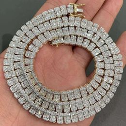 Rapper Jewellery Iced Out Baguette Cut VVS Moissanite Diamond Cluster Tennis Chain Sier Necklace For Men & Women