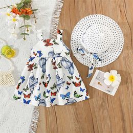 Girl's Dresses Summer New Baby Girls Dress Halter Bow + Hat Bow Butterfly Print Sweet Princess Dress Birthday Party Dress