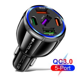 5 Ports 90W 3USB 2 Type-C Car Chargers Type C Car Charger Fast Charging PD QC3.0 Phone Charger in Car For iPhone 15 14 Plus 13 12 11 LL