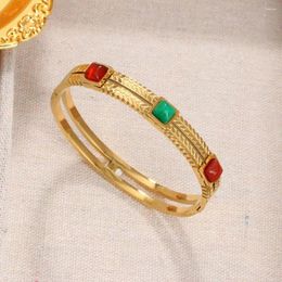 Bangle Stainless Steel Plated 14K Gold Emerald Ruby Leaf Bracelet Women's Simple Geometric For Party