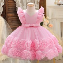 Flower Girls Party Dress for Flying Sleeves Princess Birthday Puffy Dresses Baby Girl Baptism Tutu Dresses Children Wedding Gown 240515