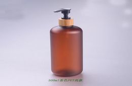 Storage Bottles Jars 500ML 1020pcs Frosted Amber Plastic Cosmetic Emulsion Lotion Pump Bottle Bamboo Head Shampoo Shower Gel P9431574